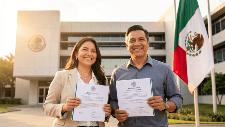 Mujer y hombre mexicanos sonriendo con documentos oficiales — Apoyo Bienestar Mujeres y Hombres