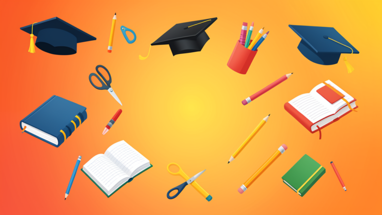 Ilustración de útiles escolares, libros y birretes de graduación representando las Becas Bienestar 2026