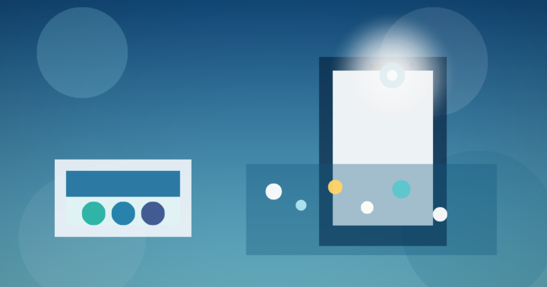 Ilustración del Banco del Bienestar con celular y tarjeta sobre fondo azul