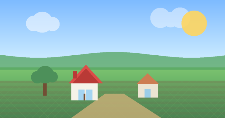 Ilustración editorial de vivienda de autoproducción rural con casa, árbol y campo