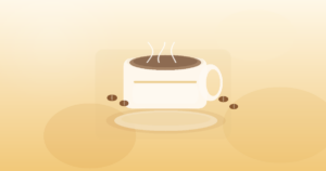 Ilustración de la Cafetería del Bienestar con taza de café y tonos cálidos