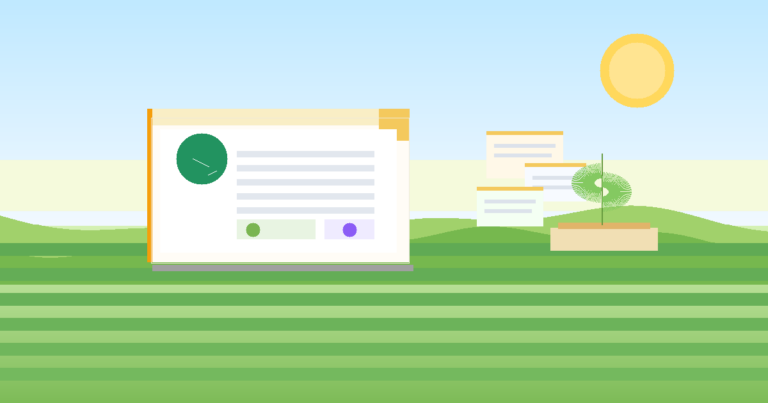 Ilustración de Programas del Bienestar para el campo con documentos y brotes verdes